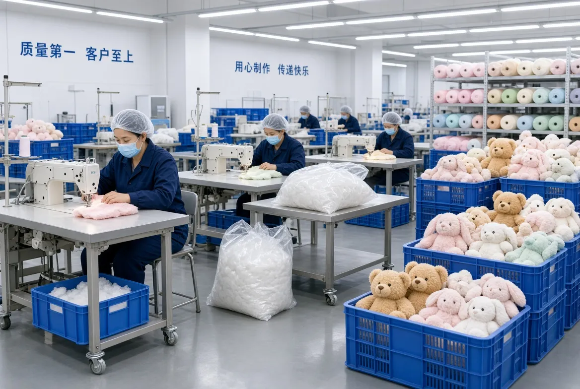 Workers sewing plush toys on the LeelineToys factory floor
