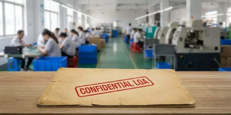 Confidential Letter of Authorization folder for licensed character plush on a factory desk