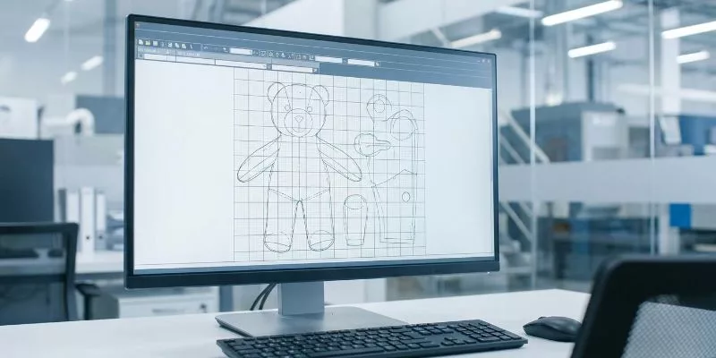 CAD pattern layout for licensed character plush manufacturing on a computer screen