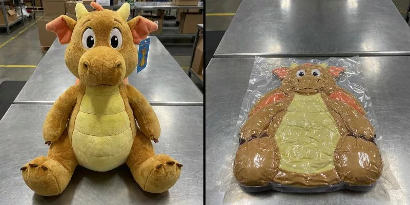  Before and after vacuum compression packaging of a licensed character plush