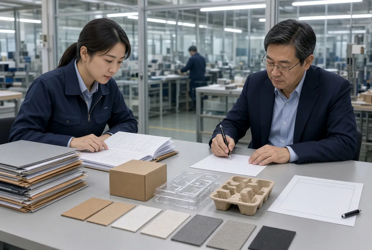 Engineers assembling a packaging technical file with material swatches and inserts