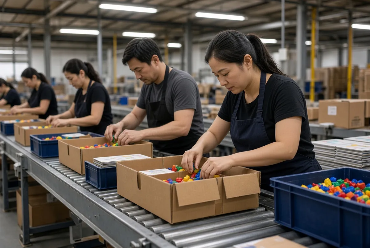 Workers on a kitting line packing colored toy parts into open cartons