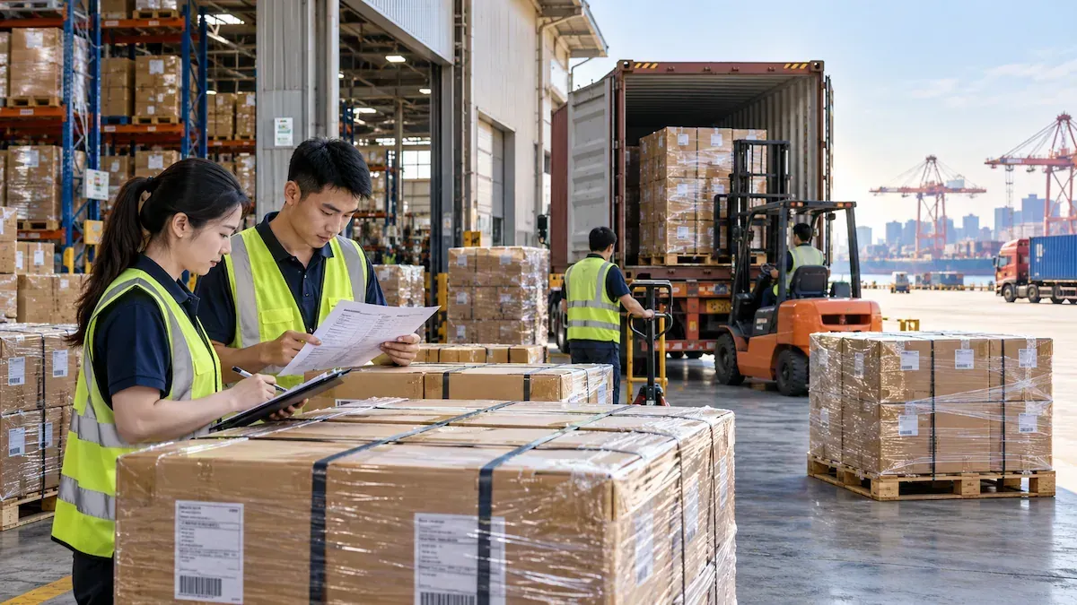 Two workers in hi-vis vests reviewing paperwork beside a loaded truck at a dock
