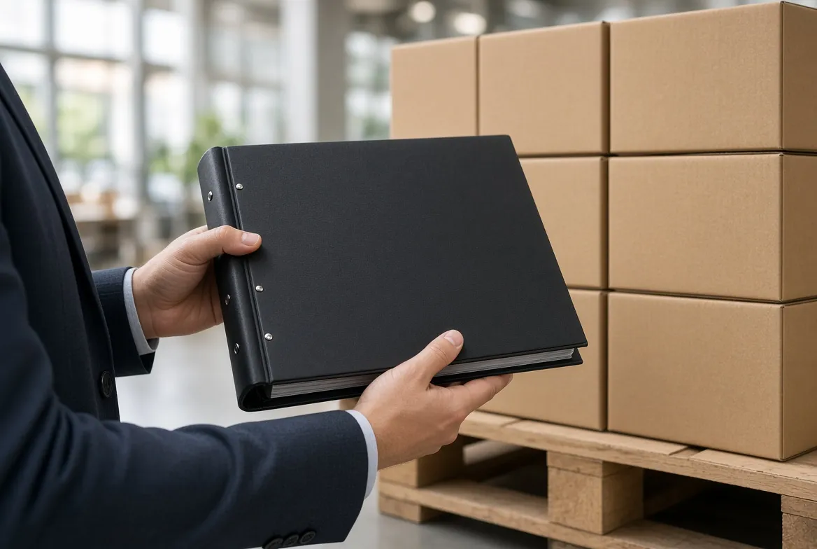 Person holding a closed document binder beside a kraft parcel in a warehouse aisle