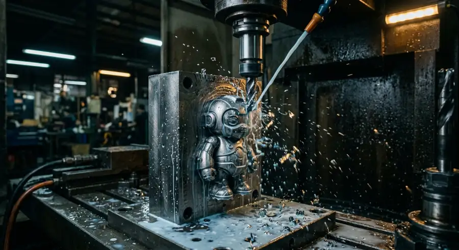 CNC machine cutting high-precision steel mold for custom corporate gifts