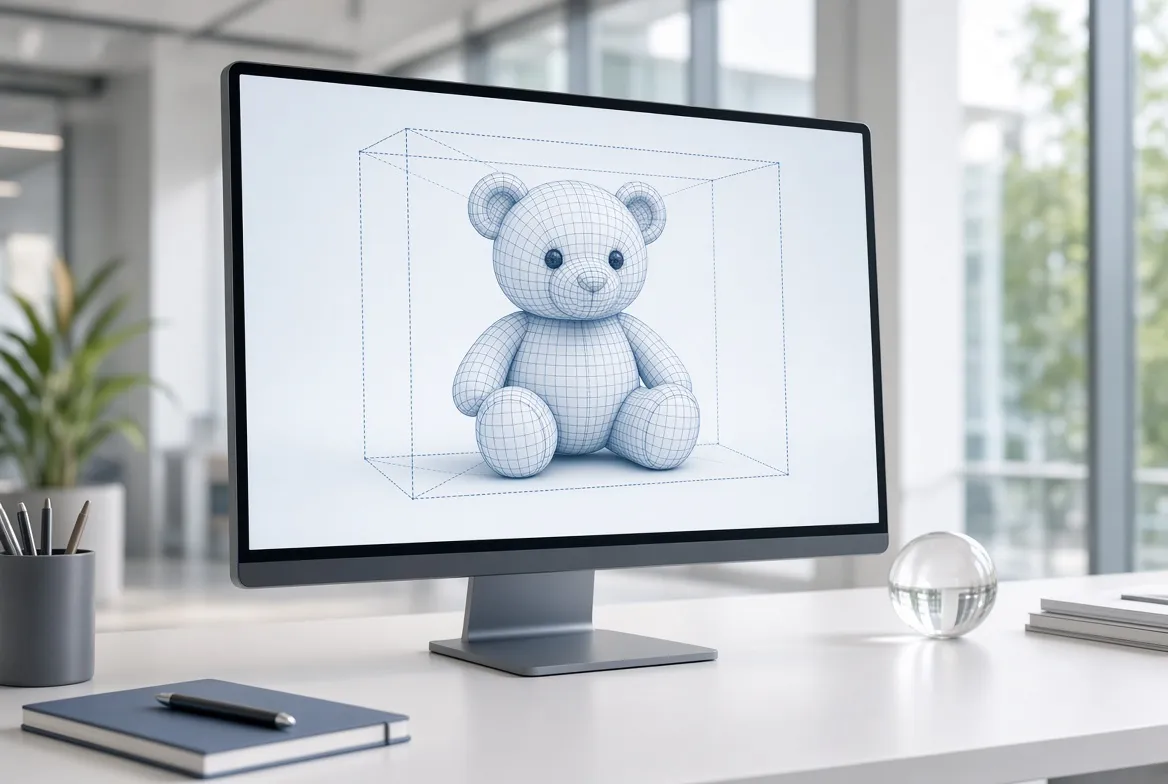 Desktop monitor showing a 3D wireframe model of a teddy bear for packaging volume planning