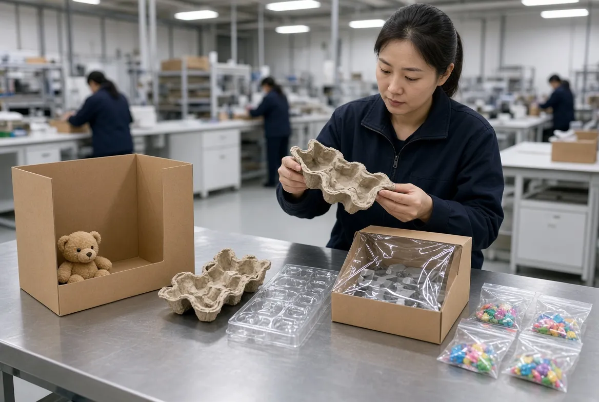 Factory worker inspecting molded pulp inserts and polybag-packed parts on a production line