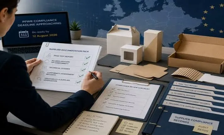 PPWR compliance role-mapping forms and an EU flag on a desk beside folded toy packaging cartons