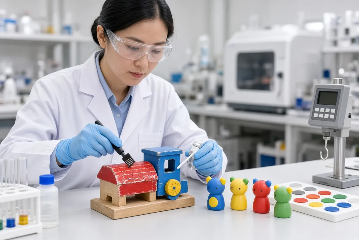 Lab technician testing the painted surface of a wooden toy train, with small plastic toy samples, a paint swatch tray and a force gauge on the bench
