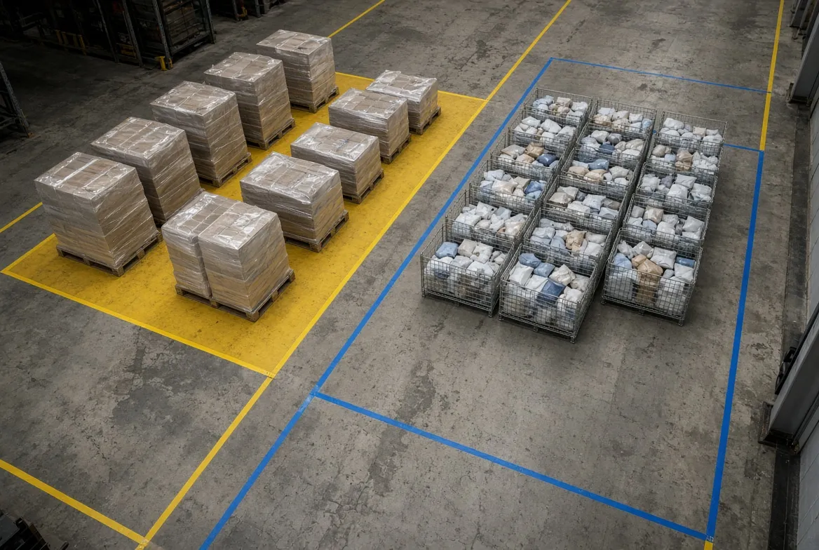 Shrink-wrapped pallets staged in color-coded floor-marked zones of a warehouse