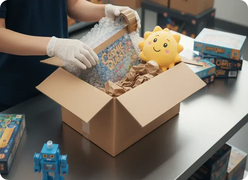 Gloved hands packing a yellow plush toy and toy cars into a shipping carton with kraft filler