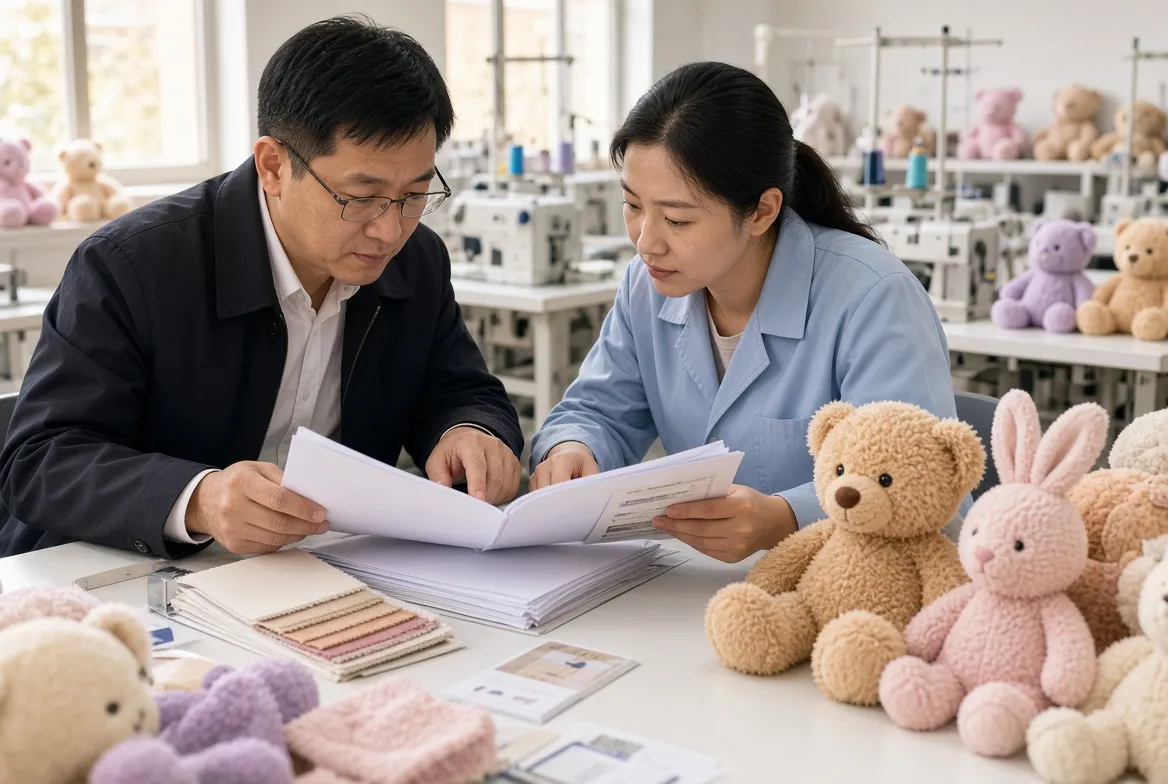 Two staff reviewing printed compliance documents at a table covered with plush samples and fabric swatches