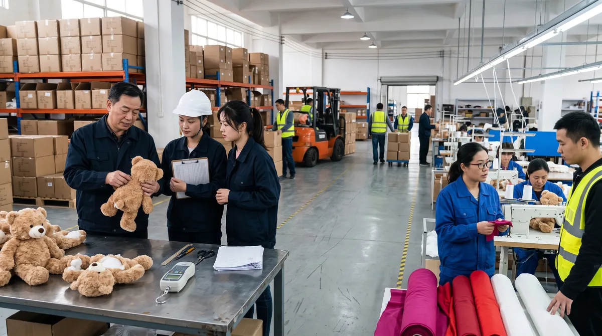 Warehouse manager reviewing a teddy bear with a force gauge and clipboard, finished plush cartons behind