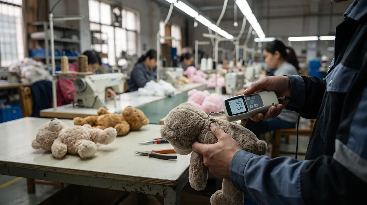 Worker checking a teddy bear seam with a digital force gauge on the plush factory floor