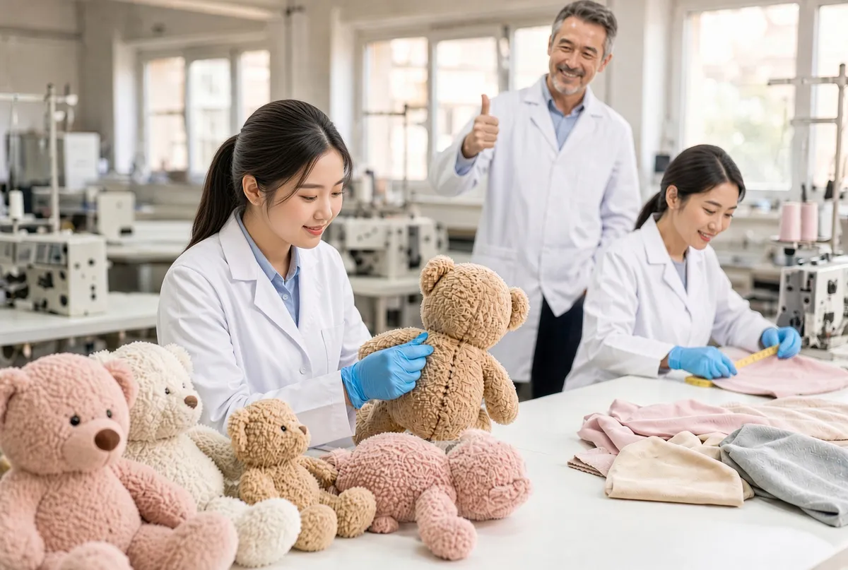 QC staff in lab coats inspecting teddy bears and fabric samples after the rework