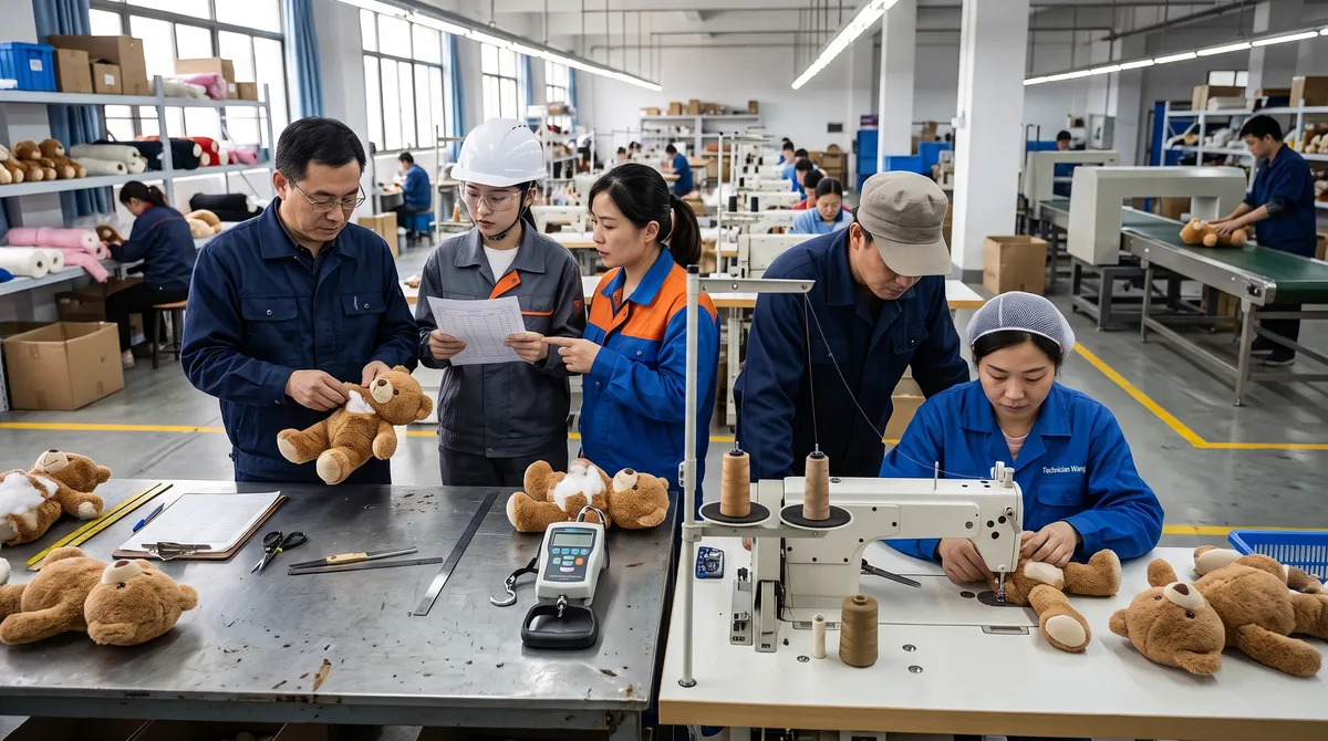 Plush factory supervisor briefing sewing operators at industrial machines, teddy bears on the work table