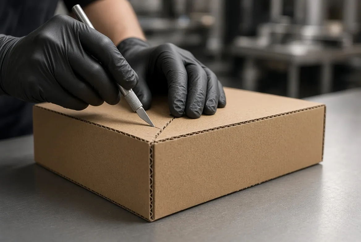 Gloved worker slicing open a corrugated carton with a utility knife