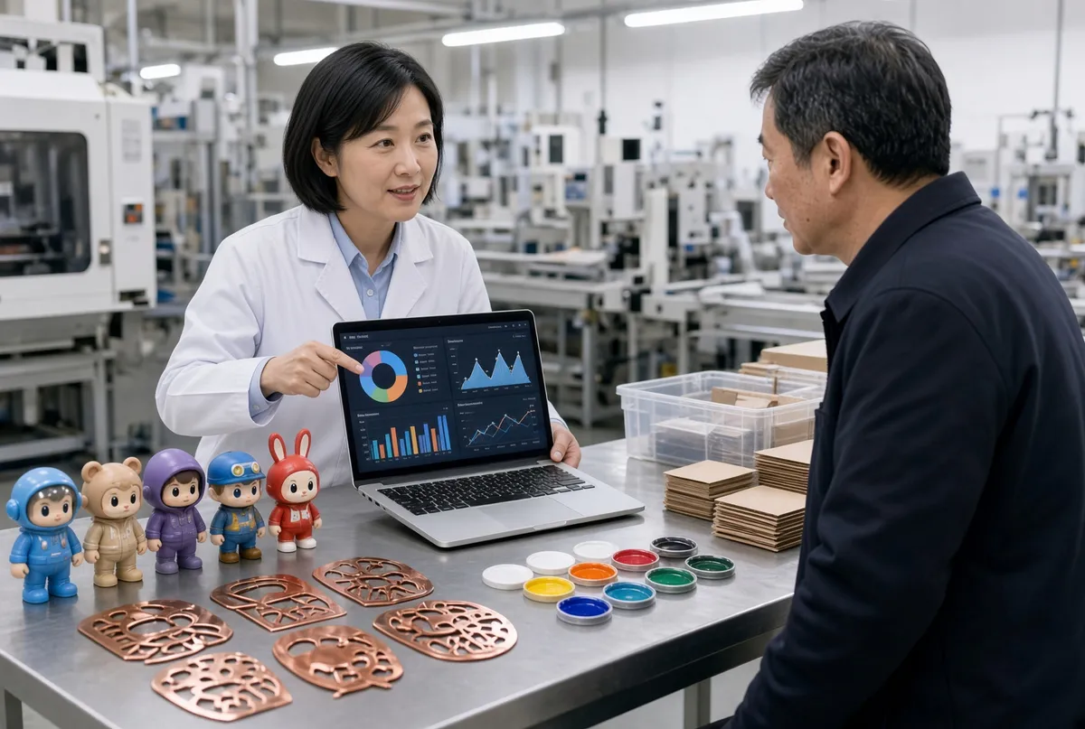 Product engineer walking a buyer through a cost dashboard on a laptop, with vinyl figure samples, spray masks and paint colour pots on the factory table