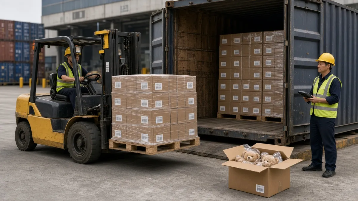 Forklift loading cartons of plush toys into a shipping container