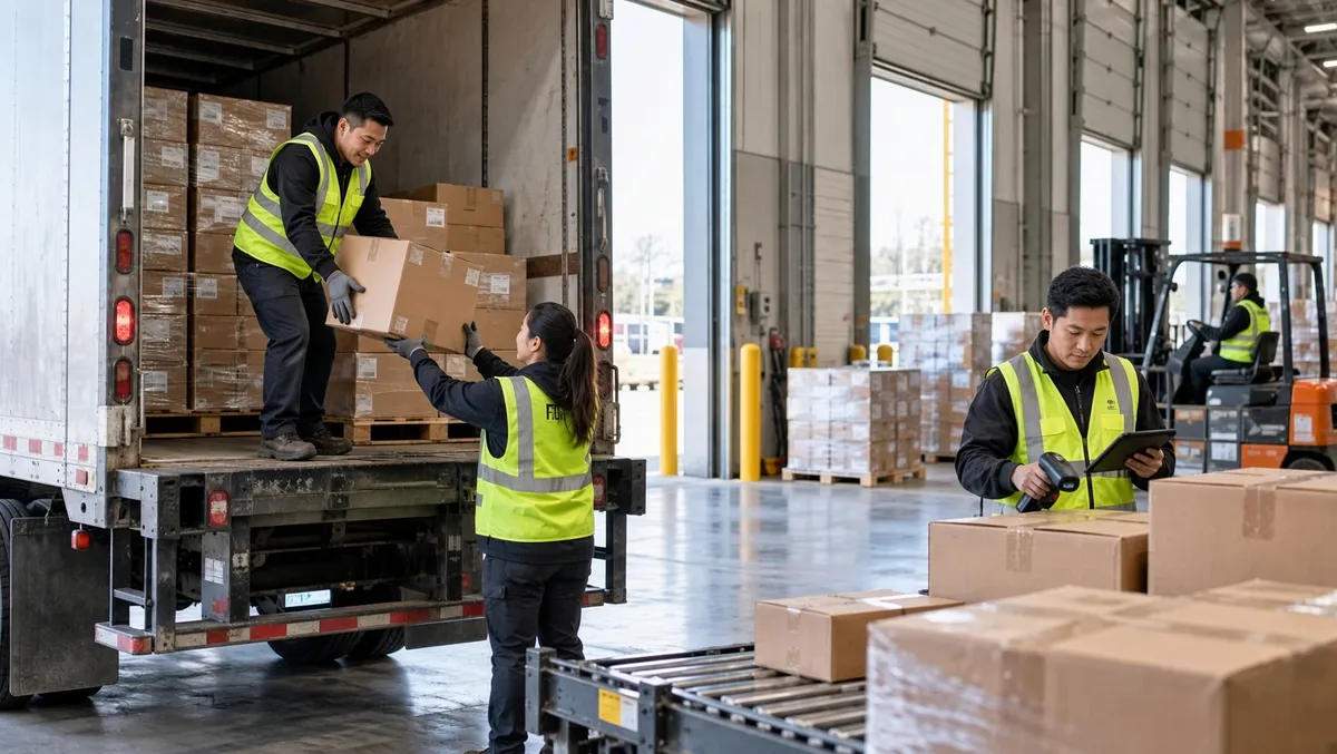 Two hi-vis workers loading cartons at a warehouse dock with a forklift in the background