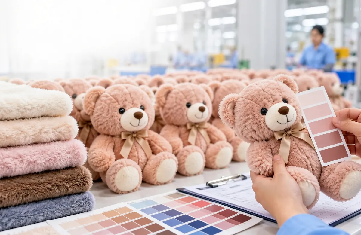 Hand comparing a colour swatch fan against a plush teddy bear, with rows of teddy bears and a fabric sample chart on the factory table
