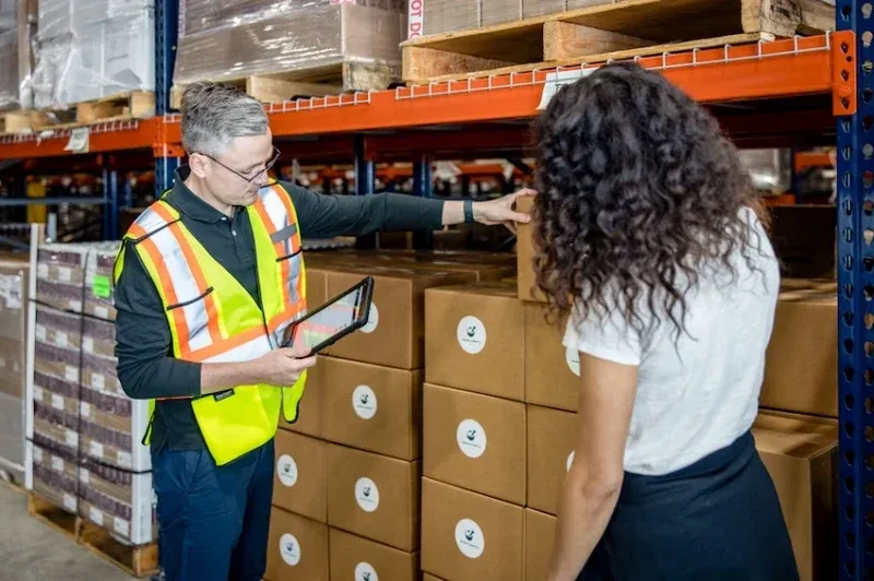 Two workers inspecting plain shipping cartons on warehouse racking