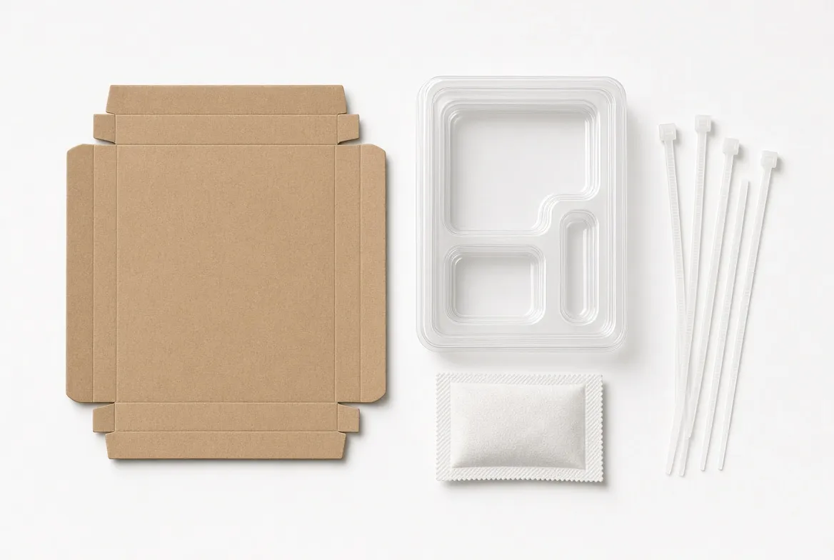 Kraft mailer box, clear blister trays, cotton pad and swab components laid out on a white inspection bench