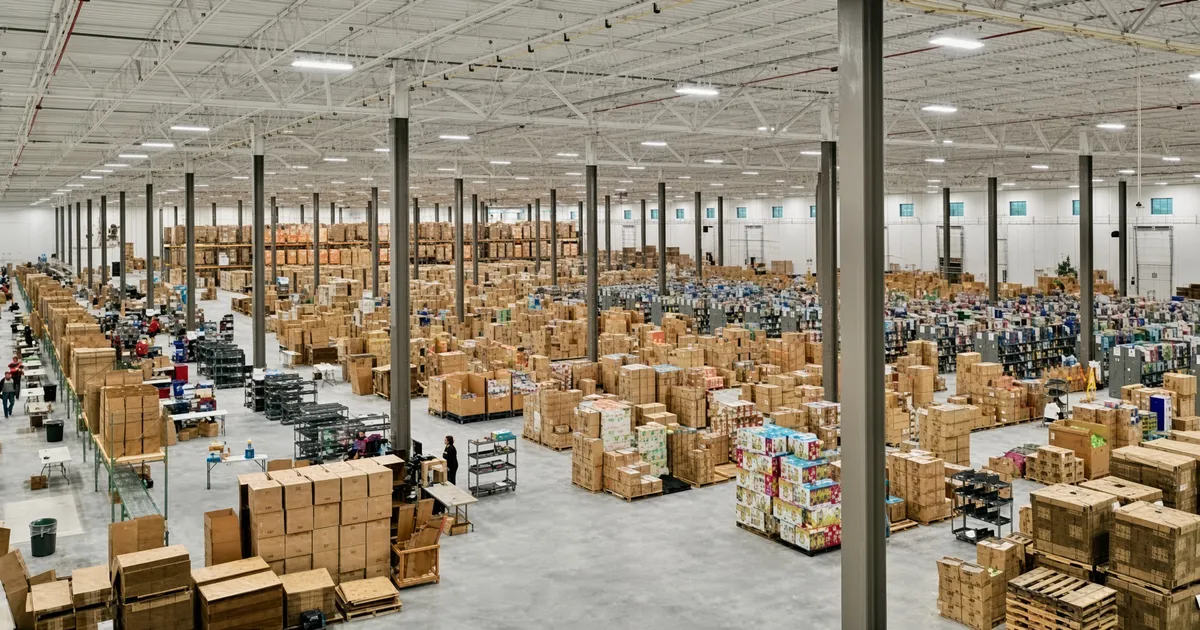 Wide warehouse floor stacked with cartons and palletised goods awaiting consolidation and shipment