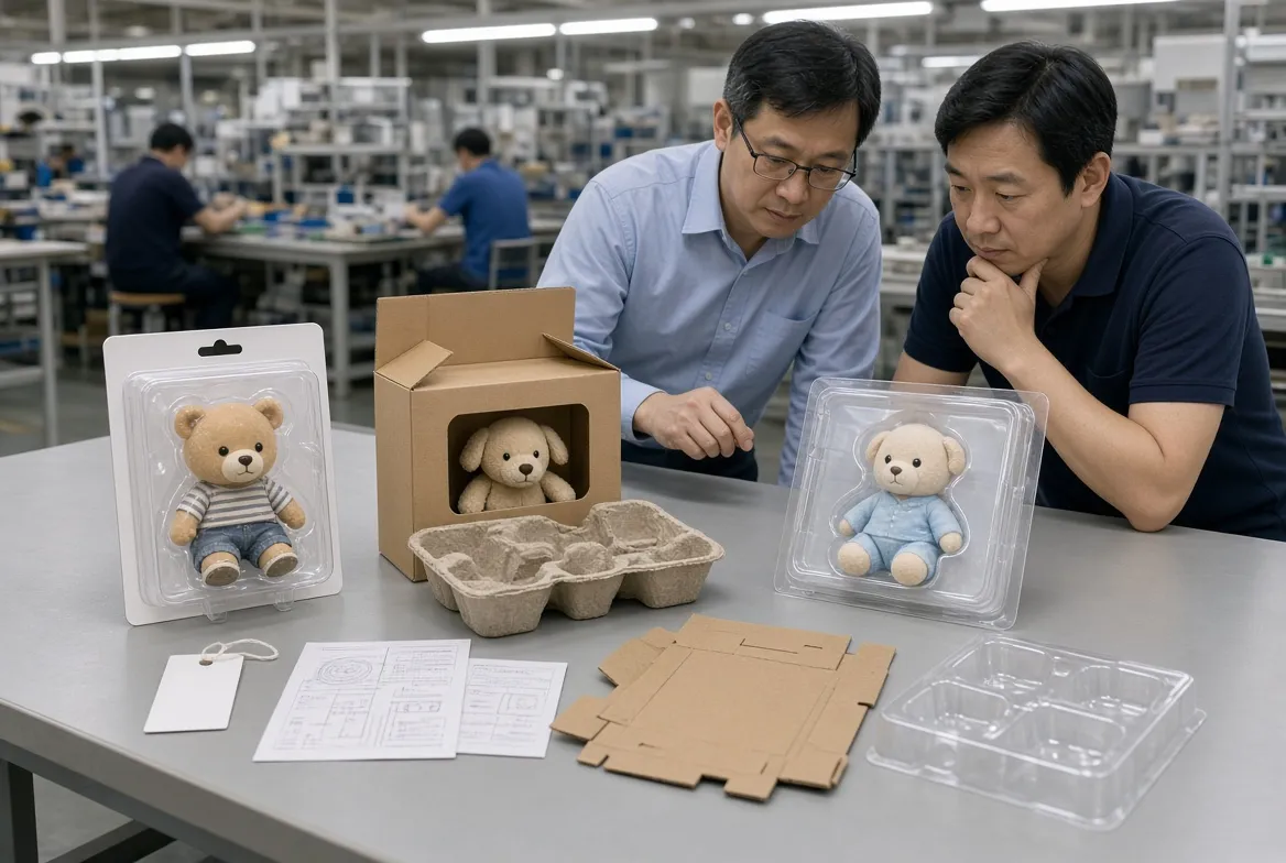 Engineers comparing PVC blister, window box and molded pulp toy packaging samples
