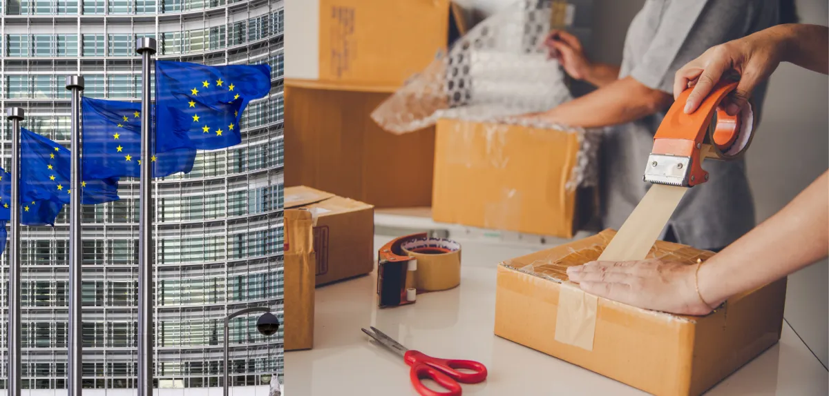Cartons being sealed with tape on a packing bench beside stacked export boxes and an EU flag