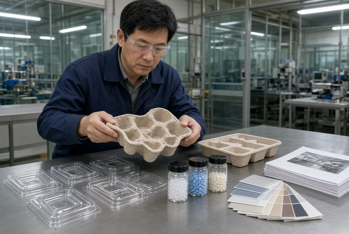 Packaging engineer holding a molded pulp tray beside jars of PCR resin pellets