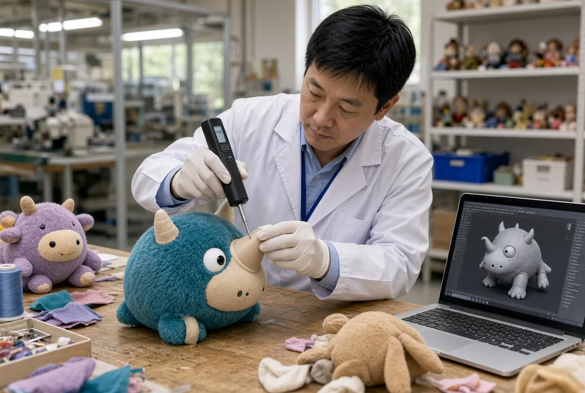 Engineer measuring the horn of a blue plush rhino prototype with a handheld gauge, with the toy's 3D model open on a laptop beside him
