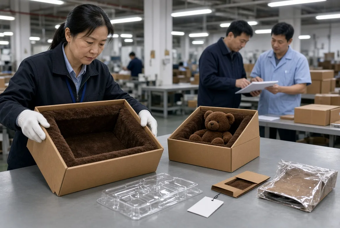 QC inspector in gloves checking plush toy packaging components at a factory bench