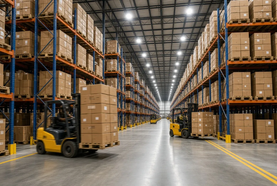 Forklift moving pallets down a long aisle of high warehouse racking