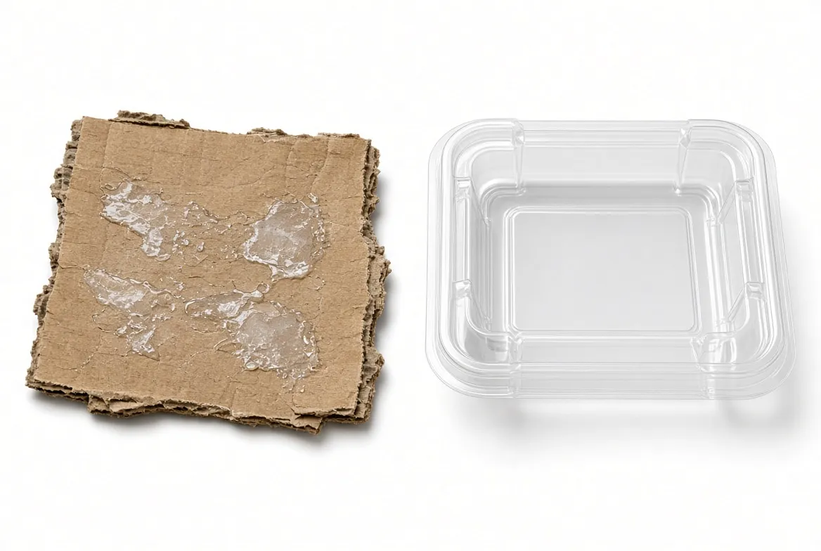 Damp corrugated cardboard sample beside an empty clear plastic blister tray