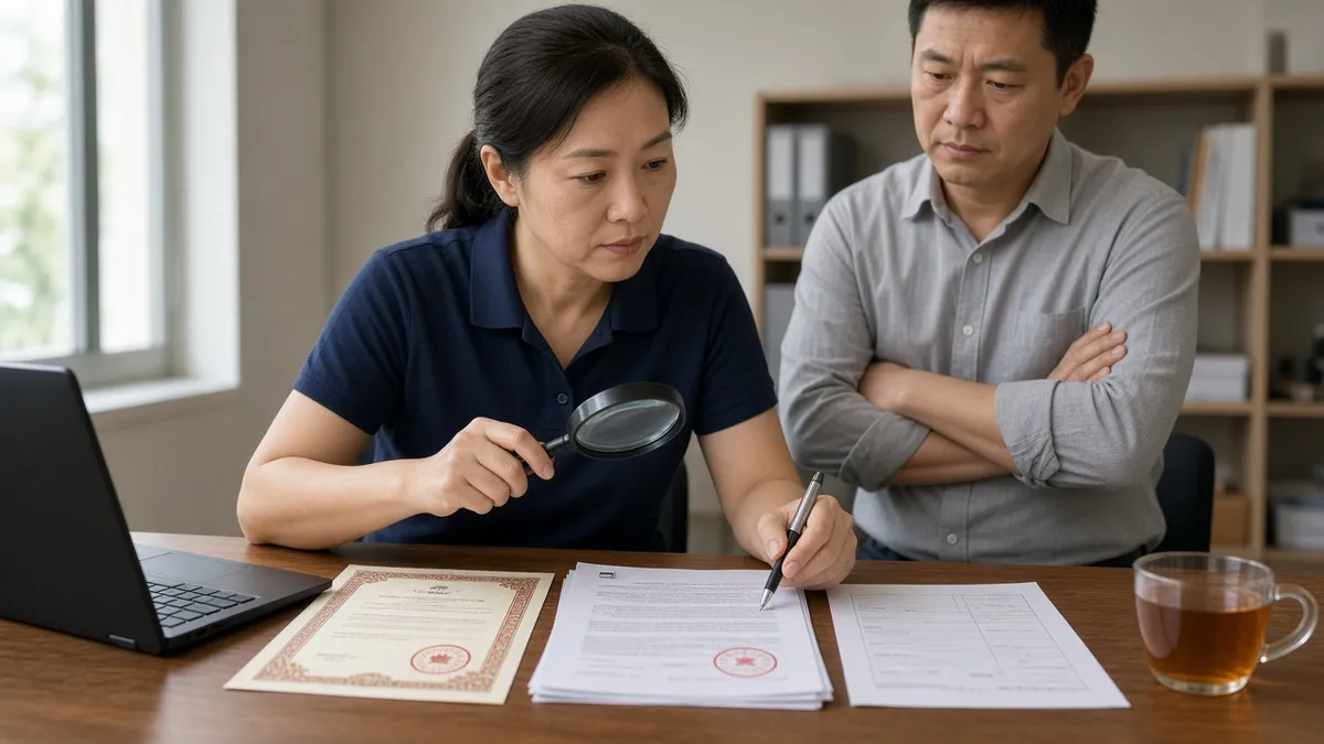 Two buyers comparing legal documents and a business license at a desk