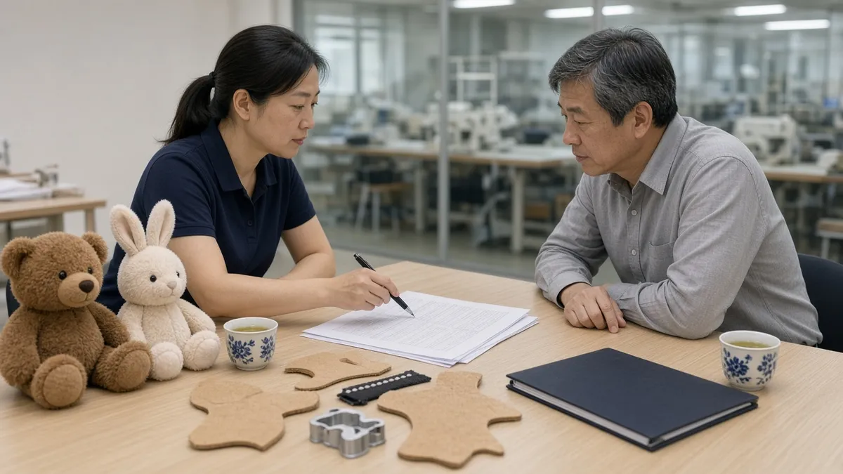 Buyer and supplier reviewing contract terms beside plush samples