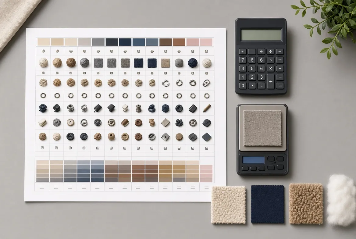 Colour swatches, fabric samples and a calculator used to build a line-by-line plush quote