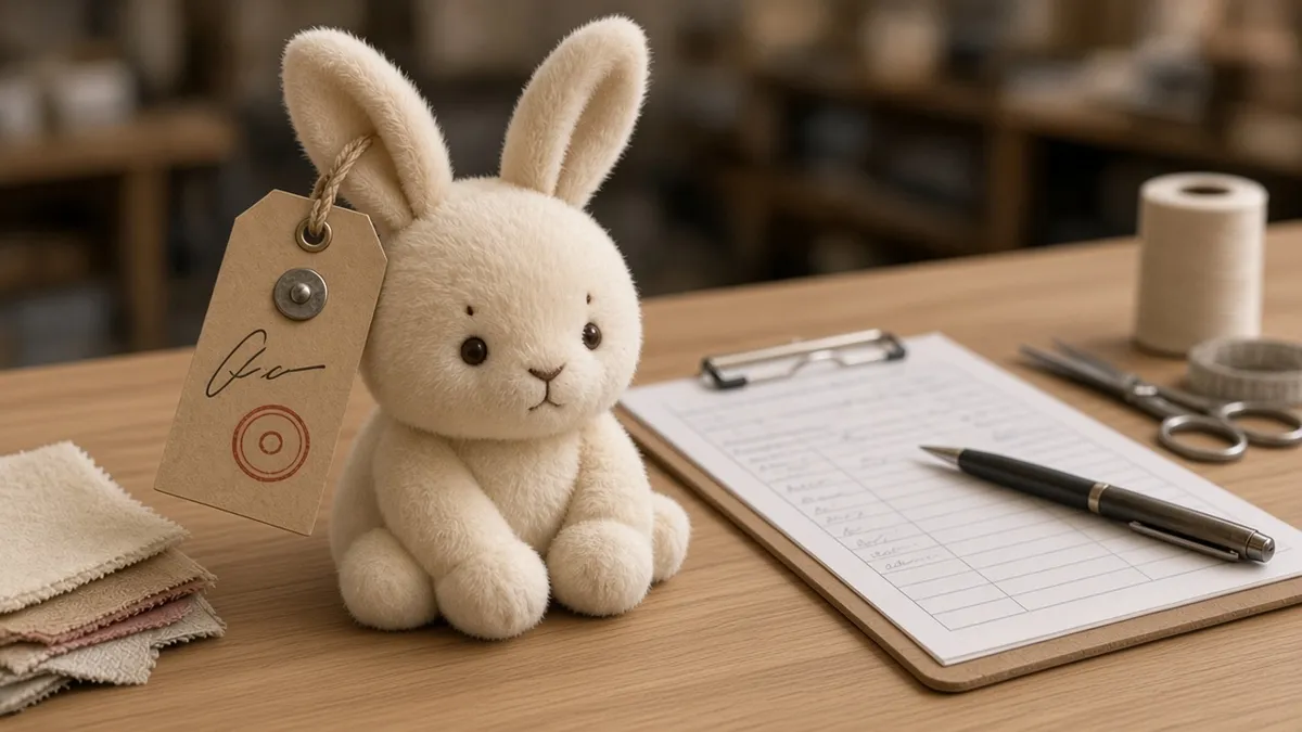 A plush rabbit sample on a desk with fabric swatches and an approval clipboard