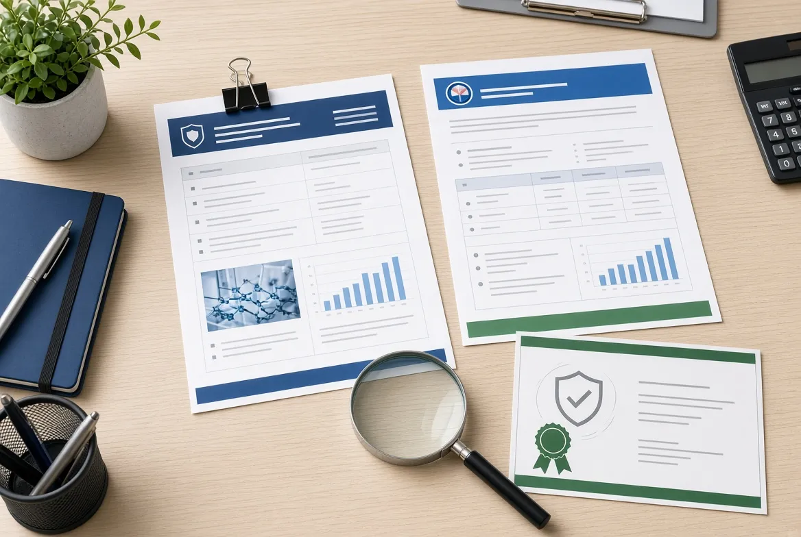Compliance test reports on a desk being checked with a magnifying glass
