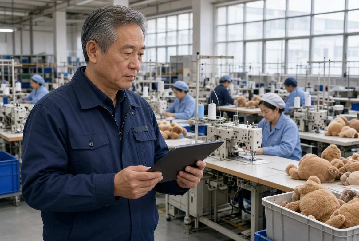 Factory supervisor with a tablet on a sewing floor with workers at machines