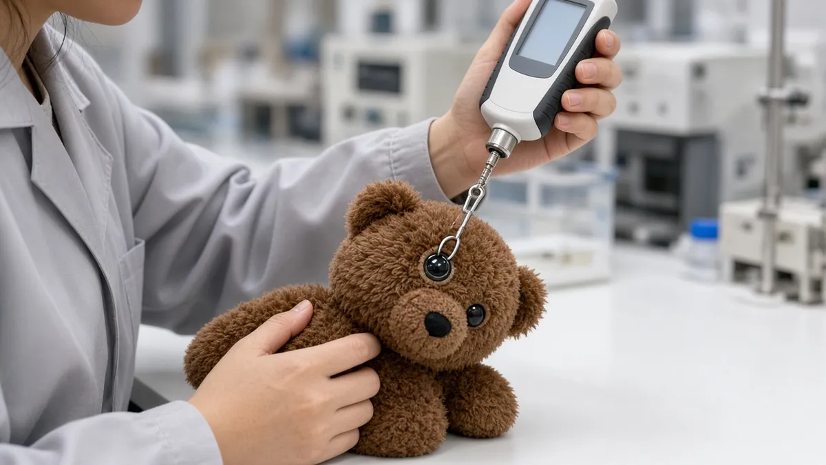 Force gauge measuring the pull strength of a teddy bear's eye