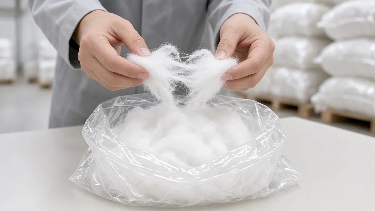 Hands holding a bag of white polyester stuffing for plush toys