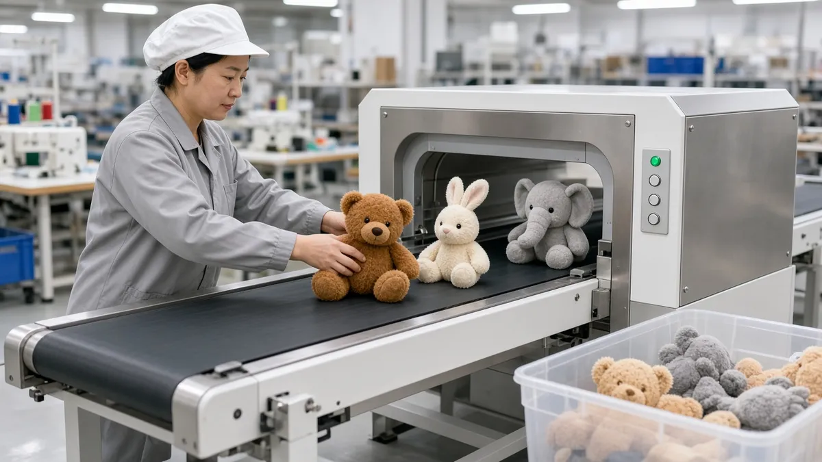 Worker passing plush toys through a needle detector conveyor