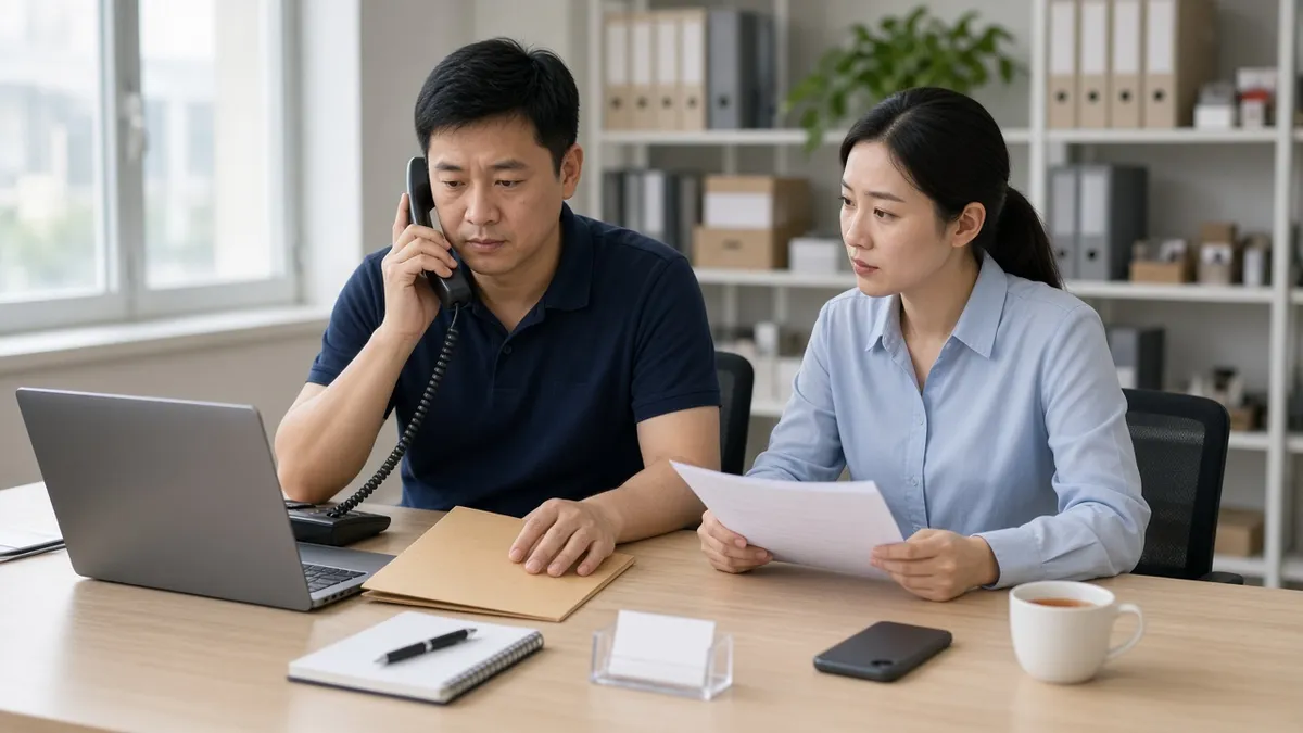 Buyers reviewing payment documents at a desk while confirming bank details by phone