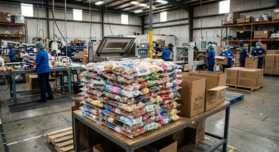 Vacuum-packed plush toys ready for shipping to maximize container space