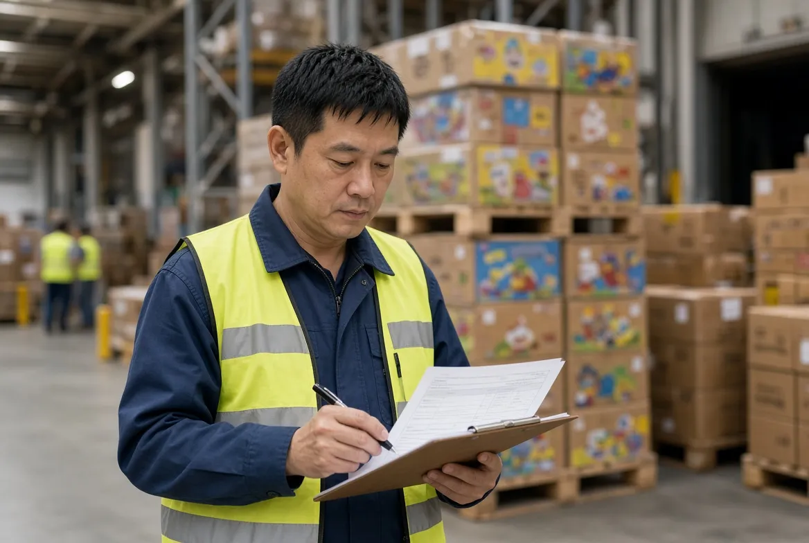 Warehouse worker in a hi-vis vest checking a clipboard against stacked cartons of toys