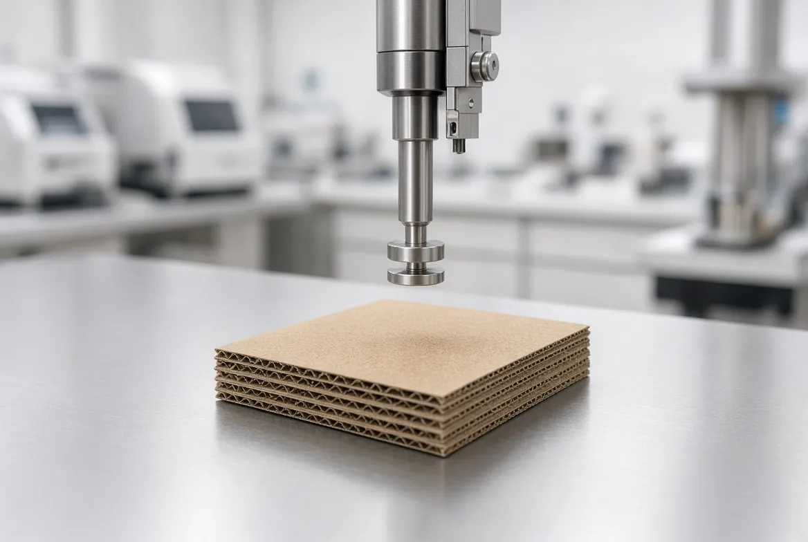 Press tool lowered over a stack of corrugated cardboard sheets at a factory inspection bench