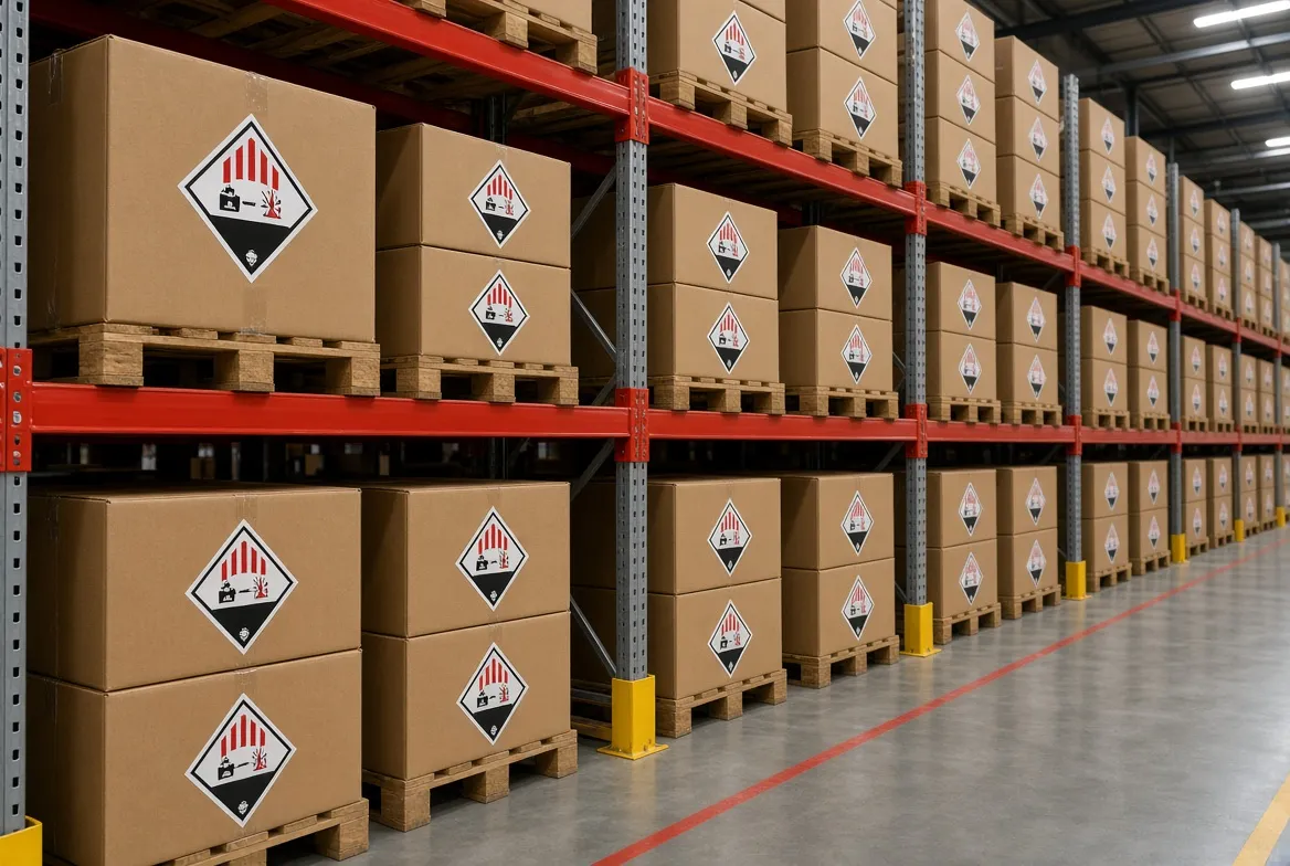 Warehouse racking stacked with cartons bearing lithium battery hazard labels