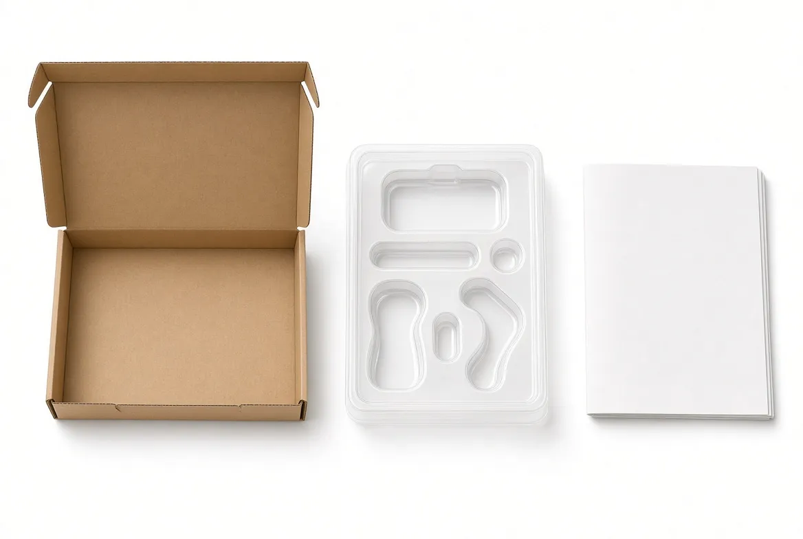 Open kraft retail carton with a clear blister tray and stacked paper inserts